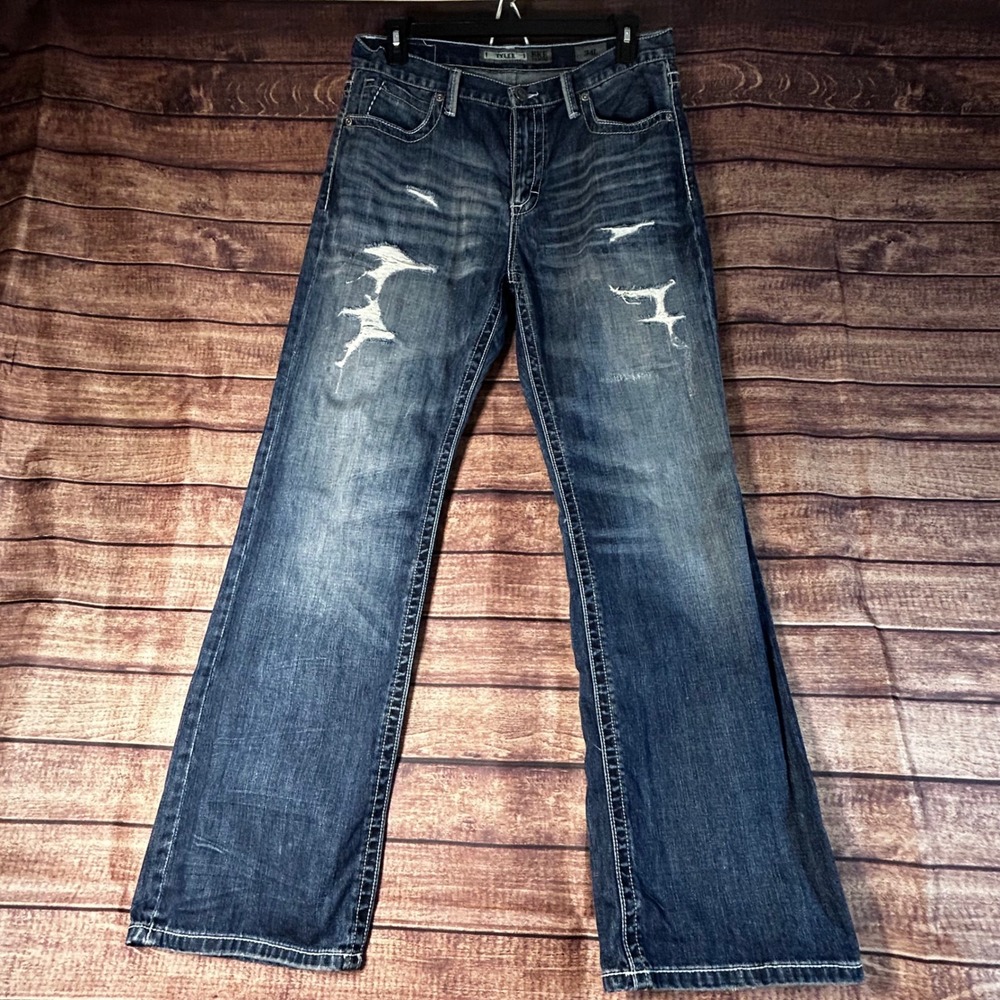 BKE Tyler Mens Distressed Bootcut Jeans Medium Wash 34L Denim Cotton 36x33